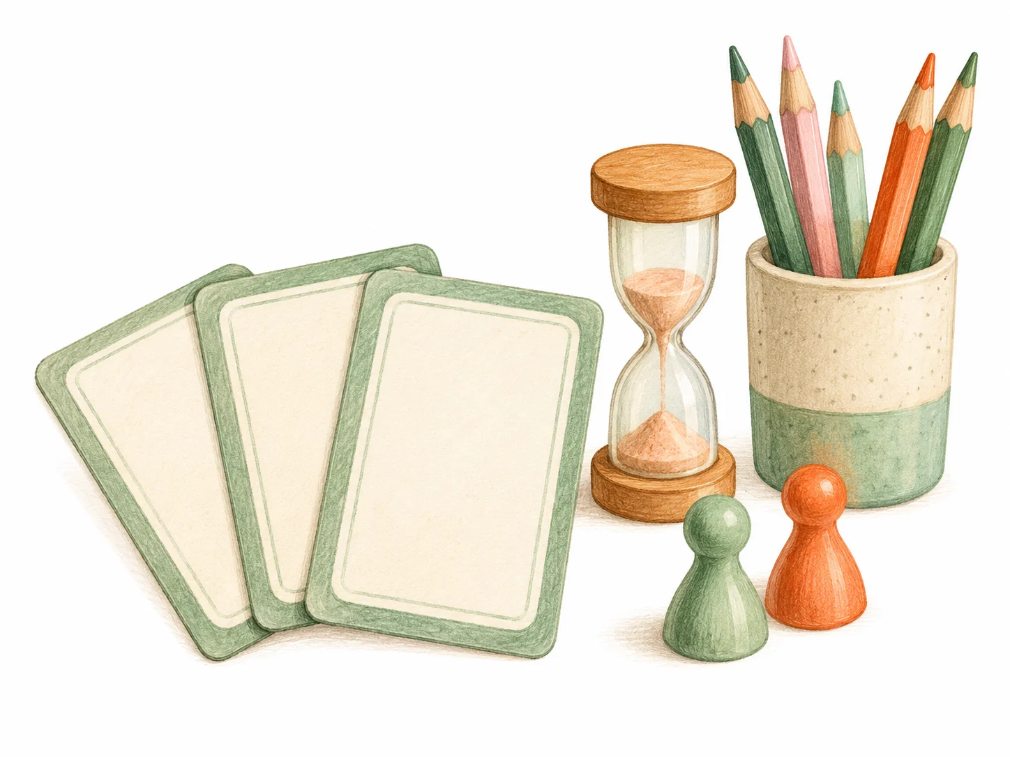 Three face-down cards, a sand timer, game tokens, and colored pencils, set up for a game.