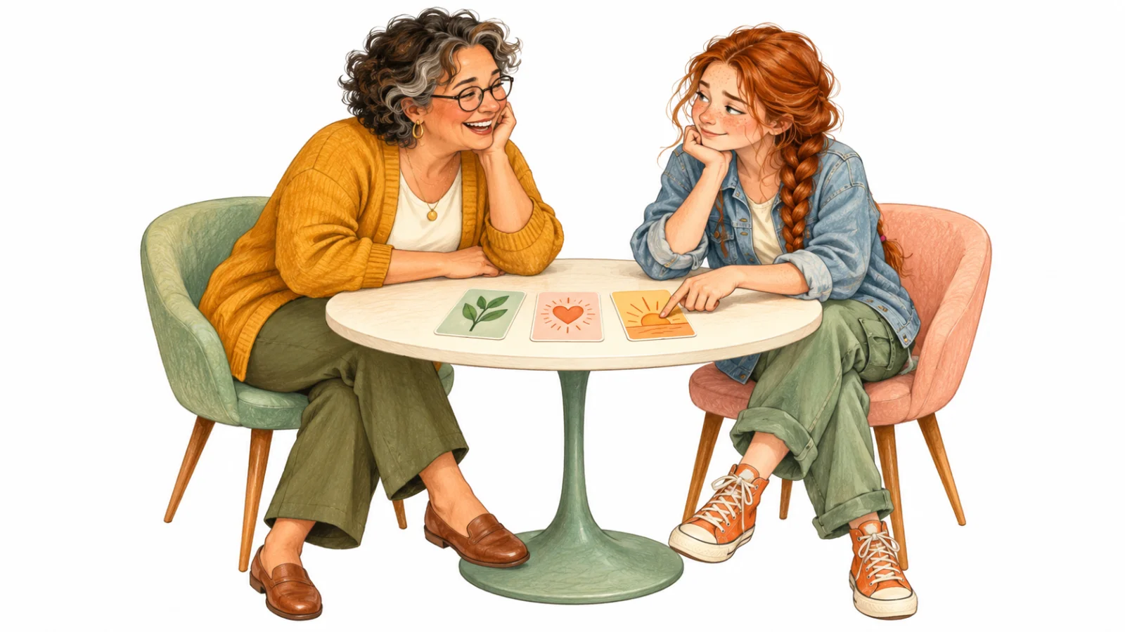 A coach and a teen sit at a round table, laughing as the teen points at one of three colorful cards.