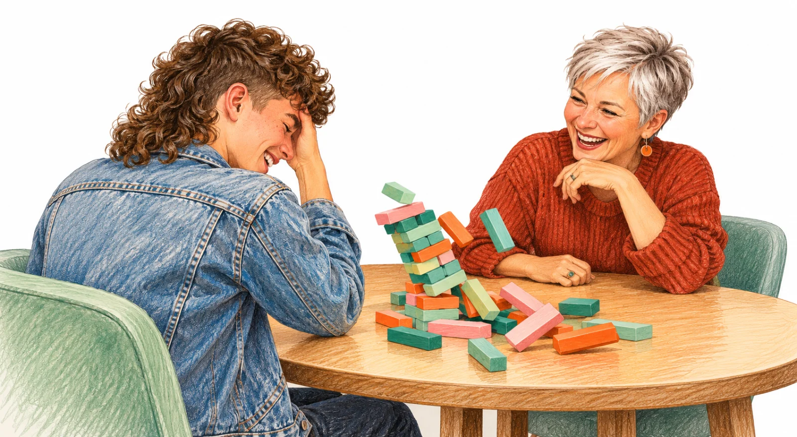 therapist engaging with a teen over a colorful falling blocks game