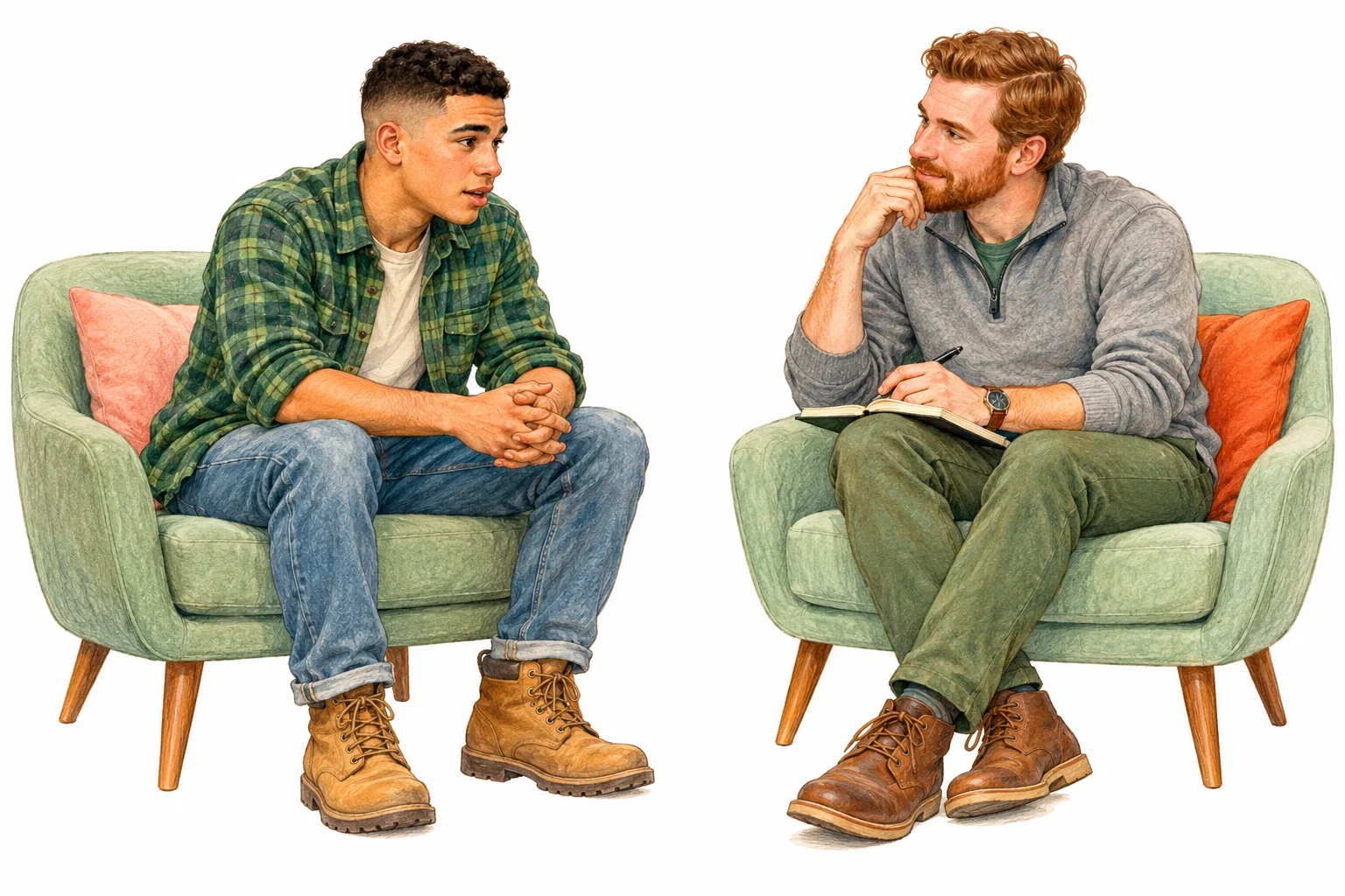 getting started coaching without a stale Conversation Starter Generator, A young man leans forward in a chair, talking thoughtfully while a coach listens with a notebook.
