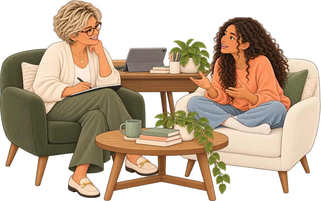 A practitioner listening with a smile as a teen talks animatedly in a cozy office