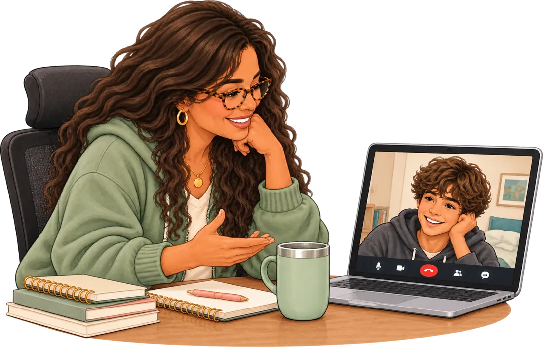 A practitioner laughing with a teen during a video session