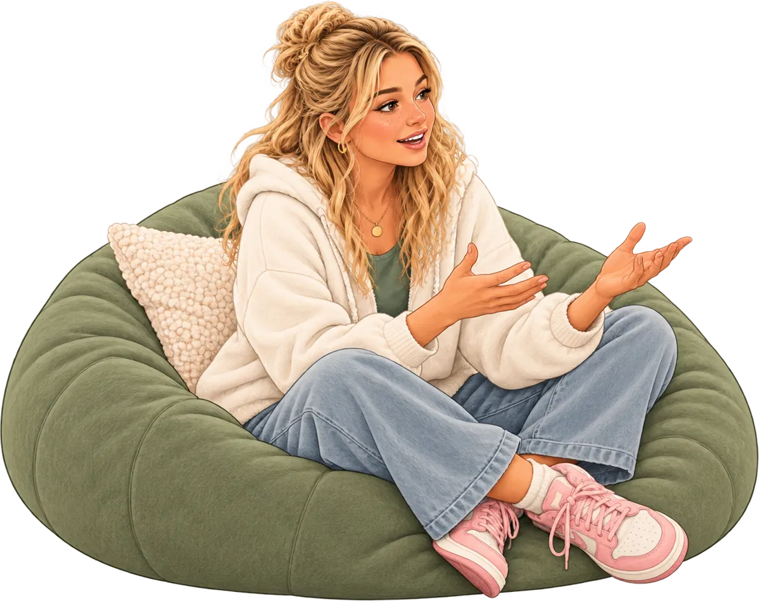 A young woman in a bean bag chair, talking animatedly