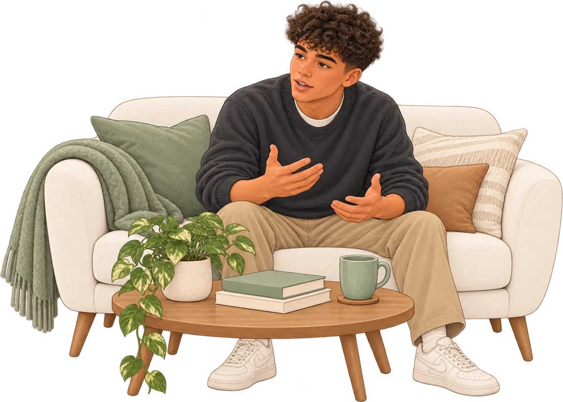A teen relaxed on a sofa, talking with his hands
