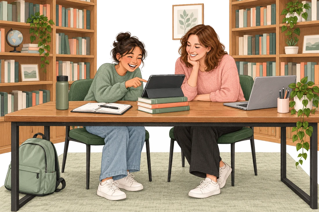 A student laughing as she points at a tablet while her coach smiles beside her at a library table