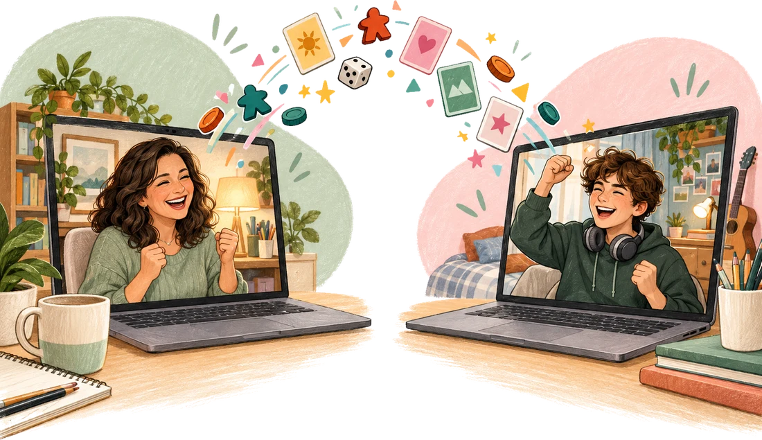 A coach and a teen cheering on a video call as game cards, dice and pieces arc between their laptops