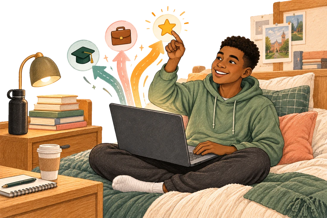 A young adult on his dorm bed with a laptop, reaching toward three paths rising from the screen to a graduation cap, a briefcase and a star