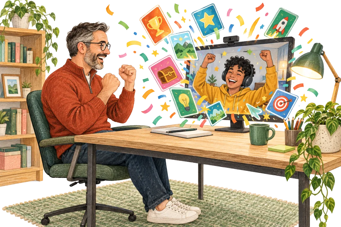 A coach celebrating at his desk while a teen on a video call cheers, with colorful game cards and confetti bursting from the screen