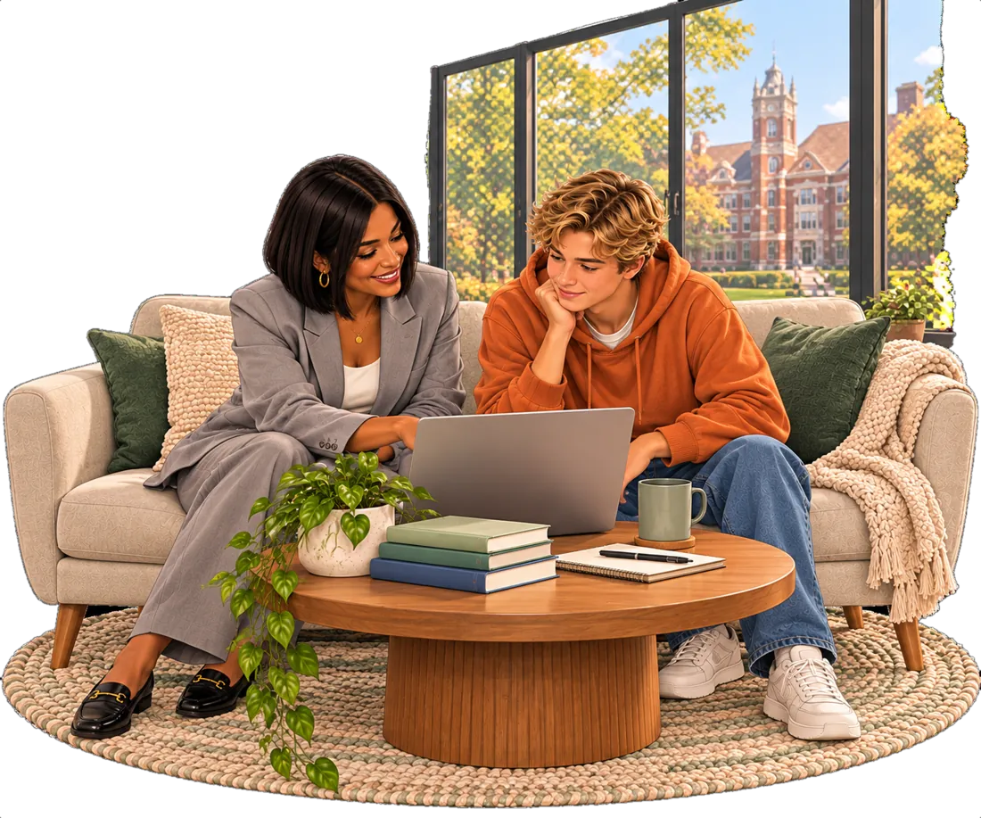 A college counselor and a student looking at a laptop together, with a campus building outside the window