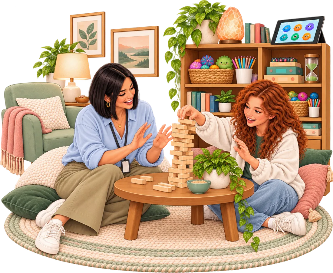 A counselor and a teen laughing over a wobbling block tower on the floor of a cozy office
