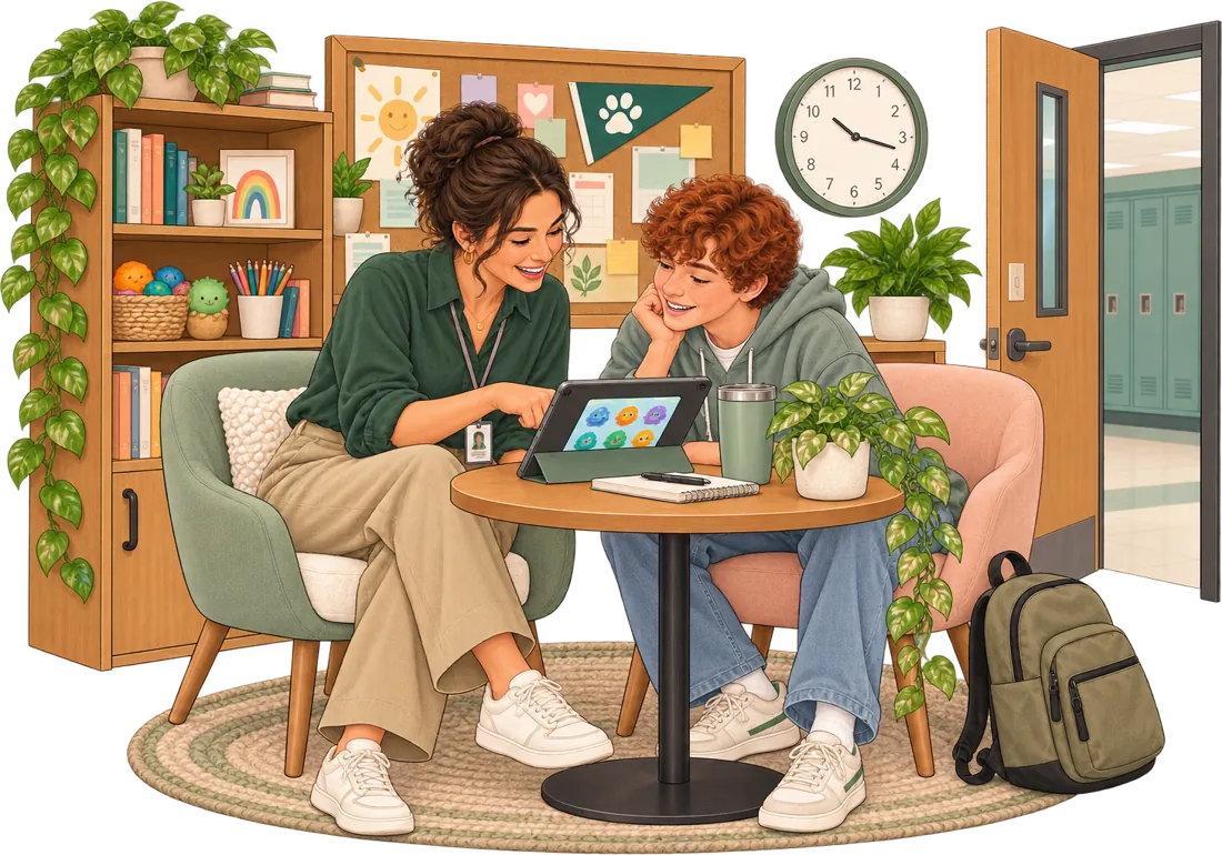 A school counselor and a student laughing over a tablet game in a cozy office between classes