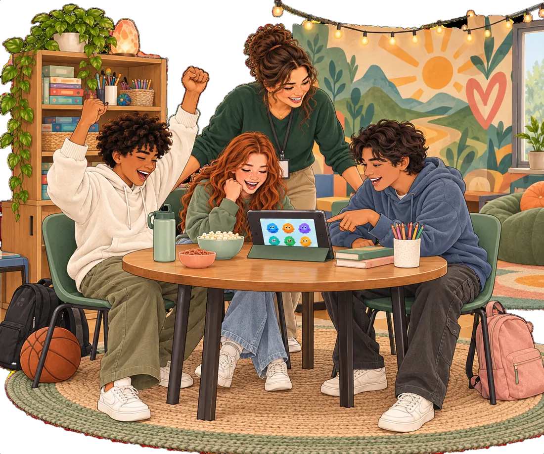 Three teens cheering over a tablet game at a table while a youth counselor smiles behind them