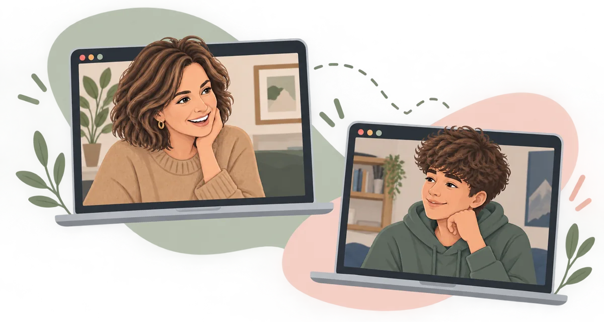A practitioner and a teen smiling at each other during a video session