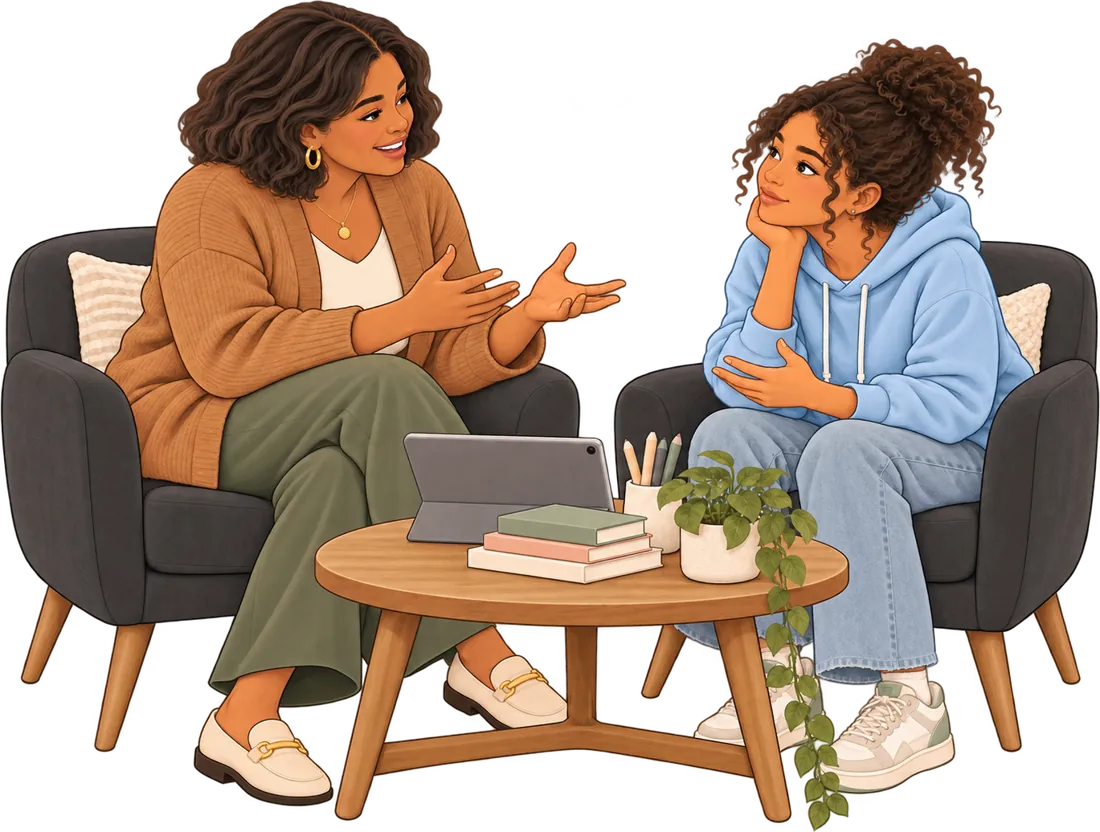A therapist and a teen talking comfortably in armchairs, with a tablet on the table