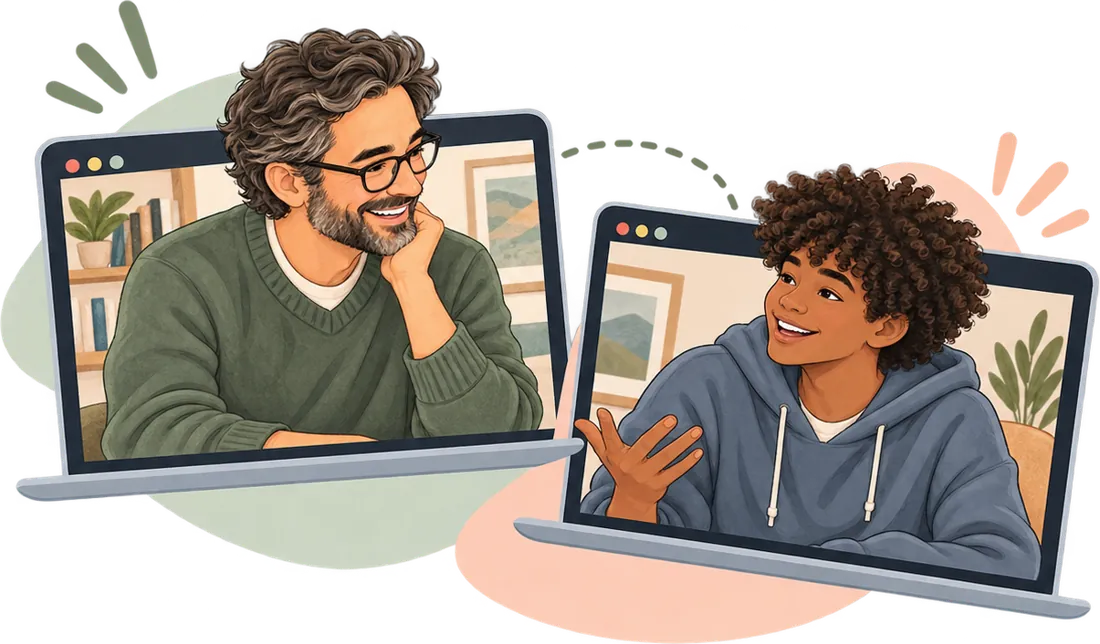 A therapist and a teen laughing together during a video session